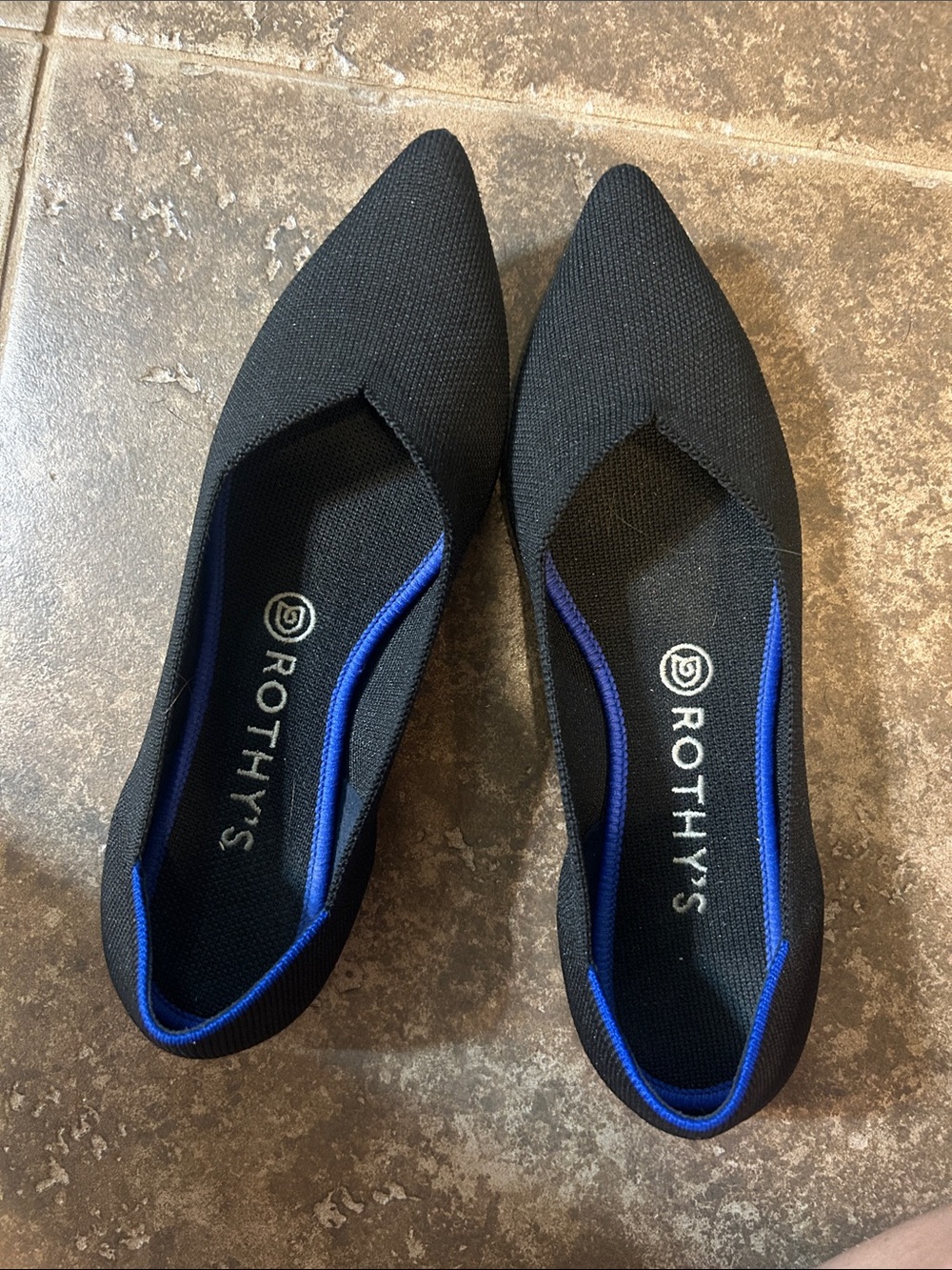 Rothy's Black Pointed Point II Knit Flats with Blue Trim